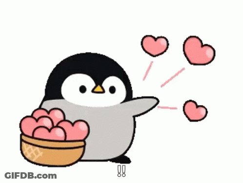 Penguin Holding Bowl Of Hearts With Flying Hearts GIF