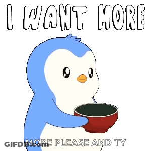 Penguin Holding Bowl Saying I Want More Please GIF