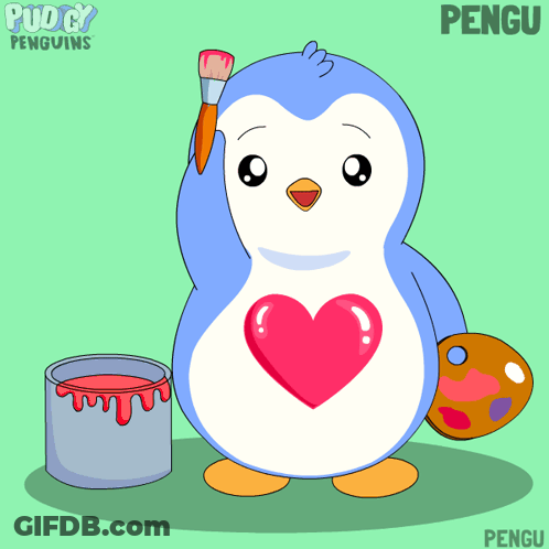 Penguin Holding Brush And Palette With Pink Heart GIF