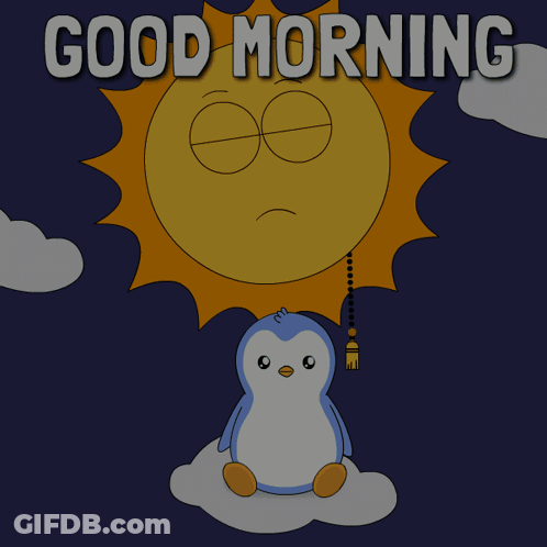 Penguin Holding Brush In Front Of Sun Saying Good Morning GIF