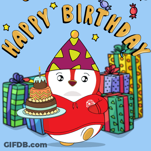 Penguin Holding Cake And Lollipop GIF