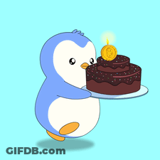 Penguin Holding Cake With Candle And Coin GIF