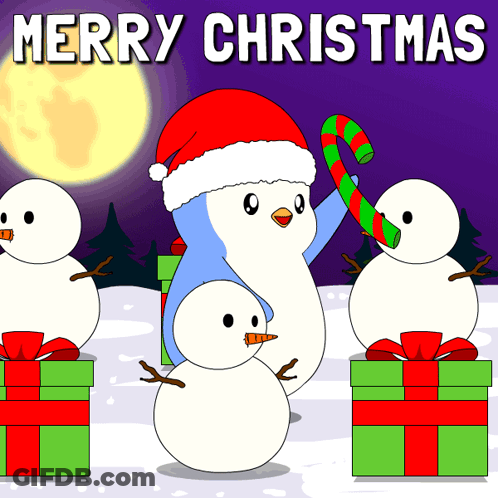 Penguin Holding Candy Cane Surrounded By Snowmen And Gifts Merry Christmas GIF