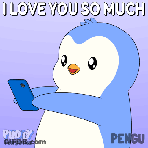 Penguin Holding Cell Phone Saying I Love You So Much GIF