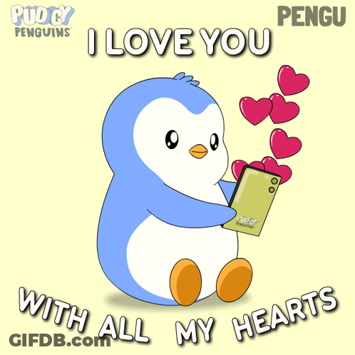Penguin Holding Cell Phone With Hearts Saying I Love You With All My Hearts GIF