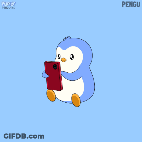 Penguin Holding Cell Phone With Pink Hearts Pengu GIF