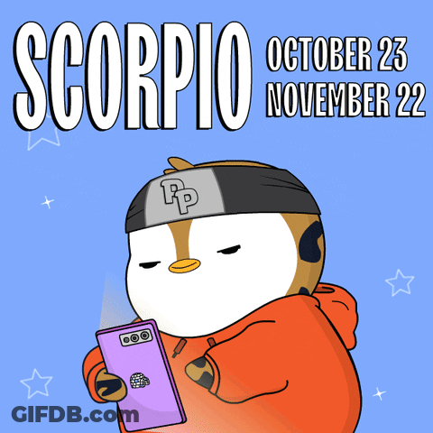 Penguin Holding Cell Phone With Scorpio Oct 23 Nov 22 GIF