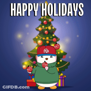 Penguin Holding Christmas Ornaments Saying Happy Holidays GIF