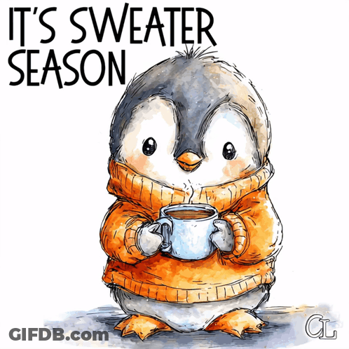 Penguin Holding Coffee It's Sweater Season GIF