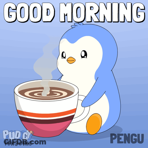 Penguin Holding Coffee Saying Good Morning GIF