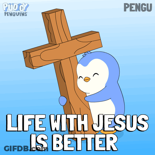 Penguin Holding Cross With Jesus Better GIF