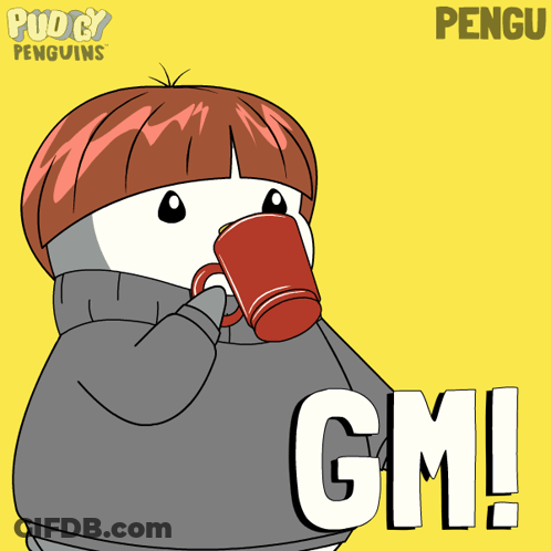 Penguin Holding Cup Saying Gm GIF