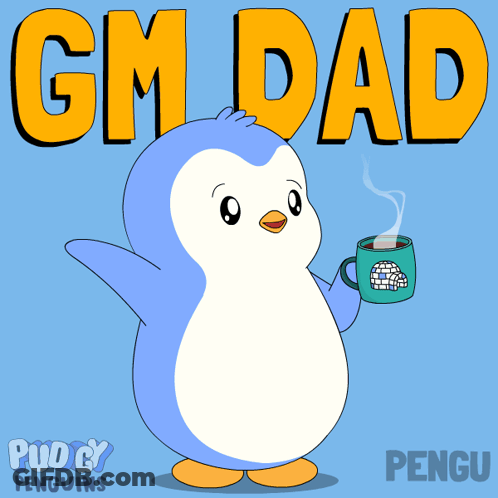Penguin Holding Cup Saying Gm Dad GIF