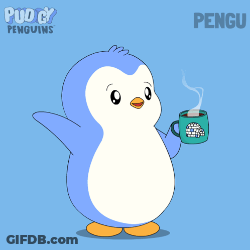 Penguin Holding Cup With Igloo And Name Pengu GIF