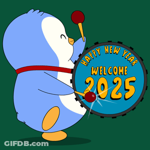 Penguin Holding Drum Saying Welcome 2025 GIF