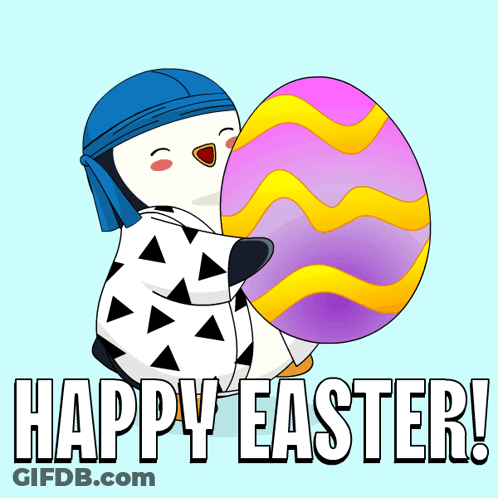 Penguin Holding Easter Egg Saying Happy Easter GIF
