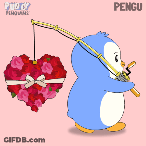 Penguin Holding Fishing Rod With Heart And Name Pengu GIF