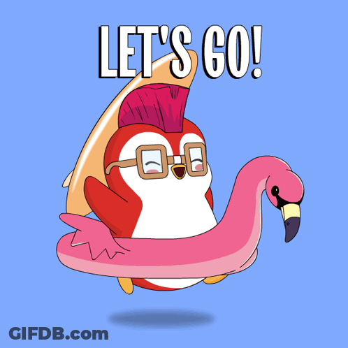Penguin Holding Flamingo Float Let's Go GIF