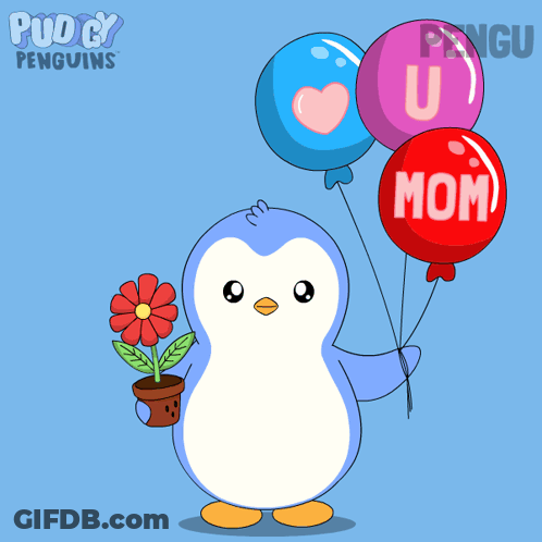 Penguin Holding Flower And Balloons Mom GIF