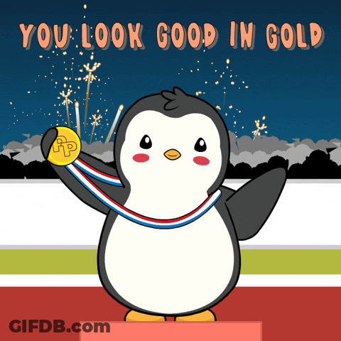 Penguin Holding Gold Medal Saying You Look Good In Gold GIF