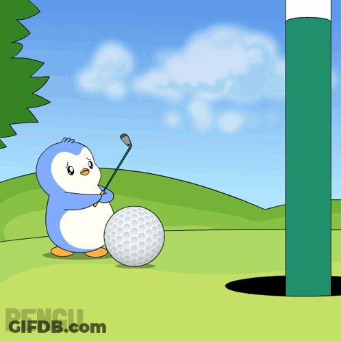 Penguin Holding Golf Club Next To Golf Ball GIF