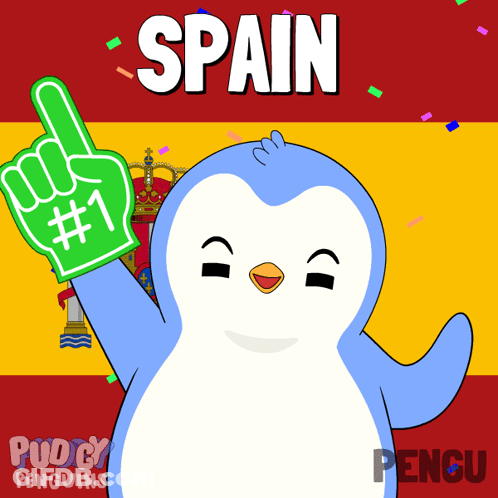 Penguin Holding Green Foam Finger Saying #1 GIF