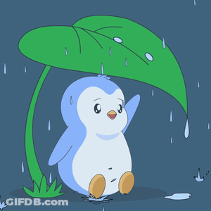 Penguin Holding Green Leaf In Rain Saying Pengy GIF