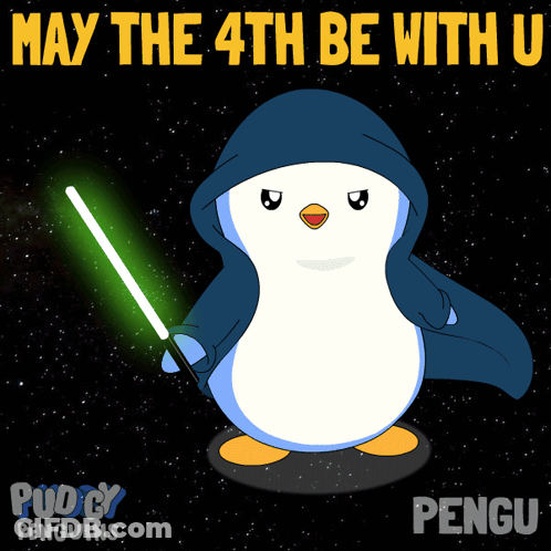Penguin Holding Green Light Saber May The 4Th Be With You GIF