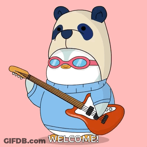 Penguin Holding Guitar Saying Welcome GIF