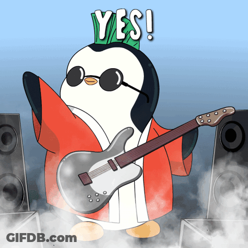 Penguin Holding Guitar With Sunglasses And Crown Saying Yes GIF
