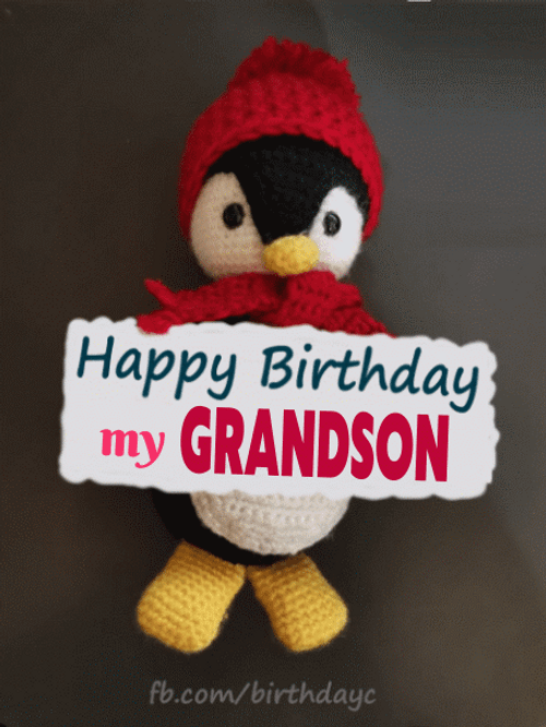 Penguin Holding Happy Birthday Grandson Greetings GIF