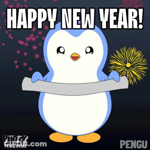 Penguin Holding Happy New Year Sign GIF