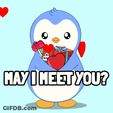 Penguin Holding Heart And Flowers Saying May I Meet You GIF