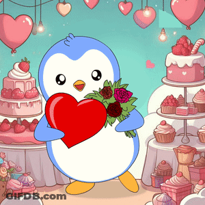 Penguin Holding Heart And Flowers With Cakes And Cupcakes GIF