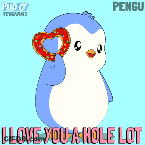 Penguin Holding Heart Donut Saying I Love You A Hole Lot GIF