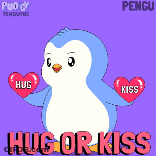 Penguin Holding Heart Saying Hug And Kiss GIF