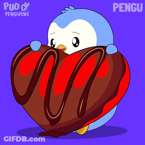 Penguin Holding Heart-Shaped Chocolate Cake With Name Pengu GIF