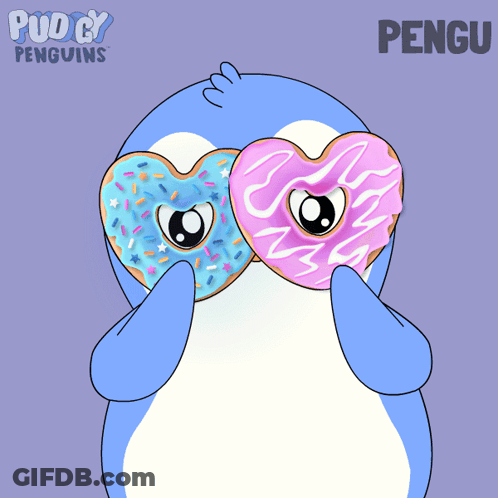 Penguin Holding Heart Shaped Donuts GIF