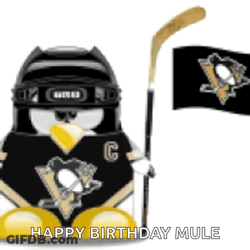 Penguin Holding Hockey Stick And Happy Birthday Mule Flag GIF
