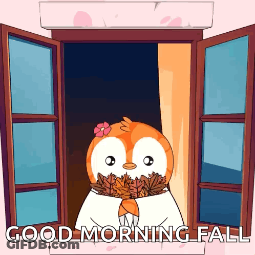 Penguin Holding Leaves Good Morning Fall GIF
