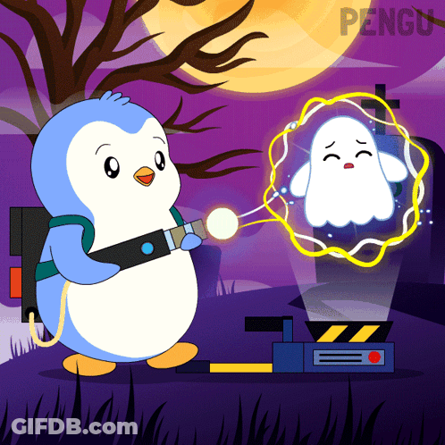 Penguin Holding Light With Ghost GIF
