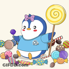 Penguin Holding Lollipop Surrounded By Candies GIF