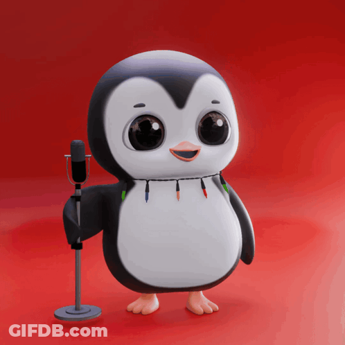 Penguin Holding Microphone With Christmas Lights GIF