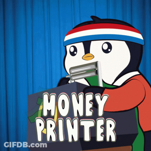 Penguin Holding Money Printer Box GIF