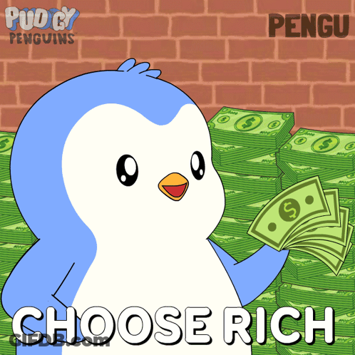 Penguin Holding Money Saying Choose Rich GIF