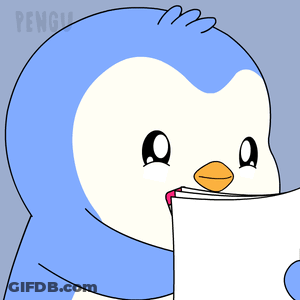 Penguin Holding Pencil In Beak Reading Book GIF