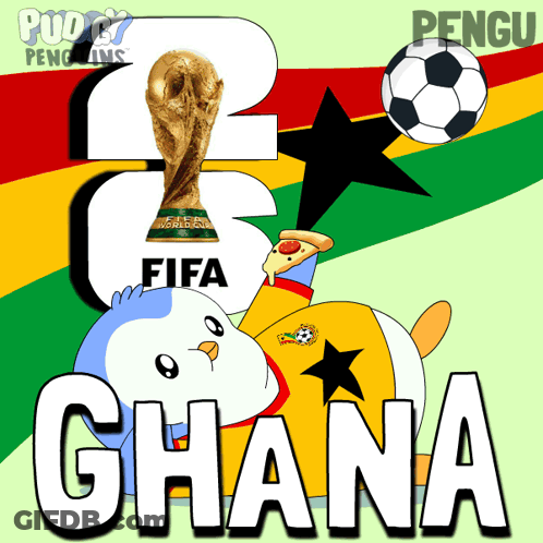 Penguin Holding Pizza And Soccer Ball With Word Ghana GIF