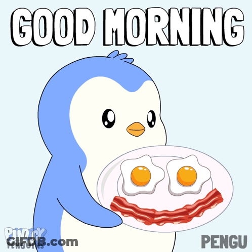Penguin Holding Plate Of Eggs And Bacon Good Morning GIF