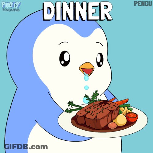 Penguin Holding Plate With Dinner GIF