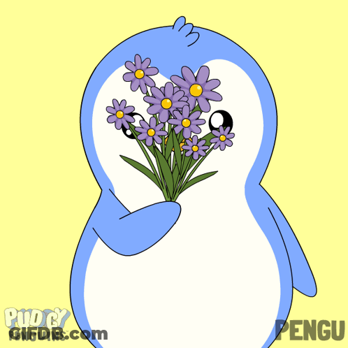 Penguin Holding Purple Flowers Puddy Penguins GIF
